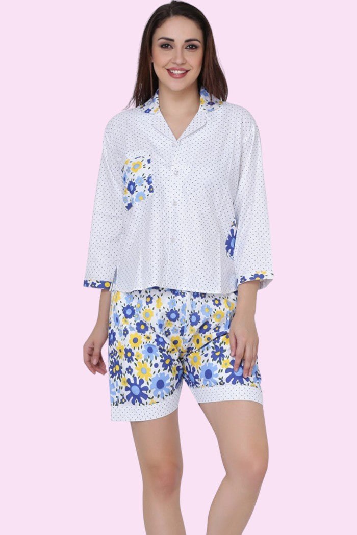 SANTORINI POLKA BLUE NIGHT SUIT WITH SHORTS