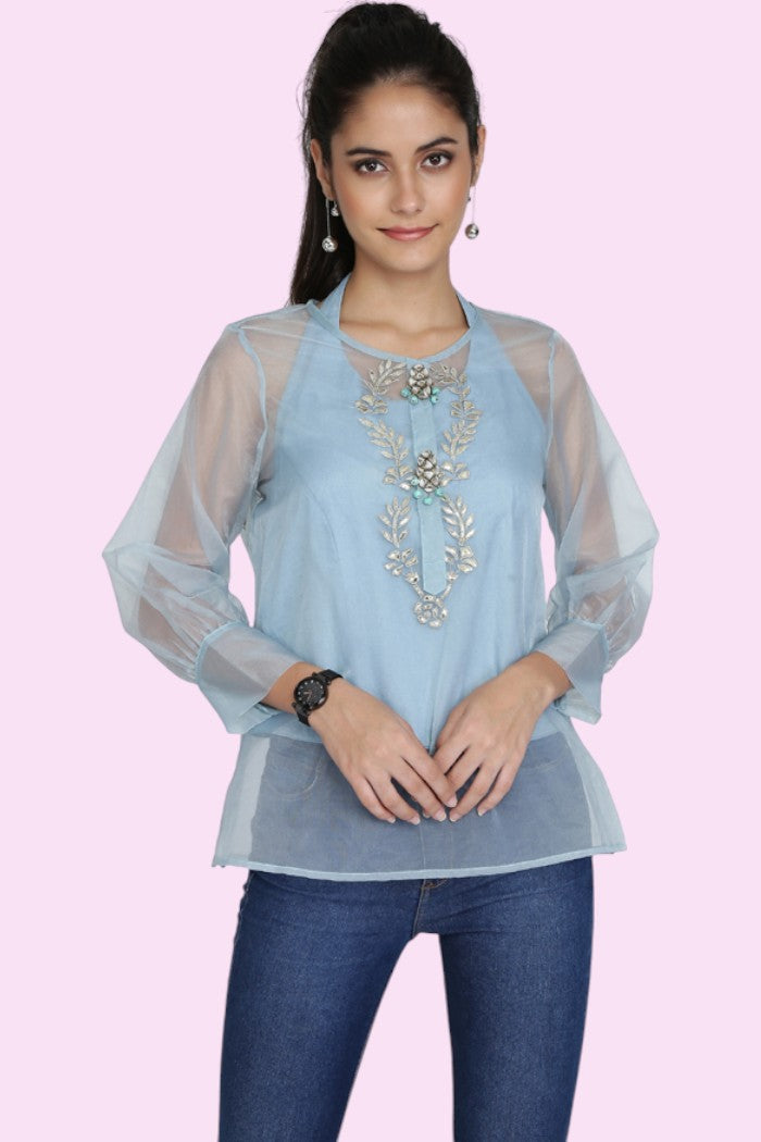 SAPPHIRE EMBROIDERED ORGANZA TOP