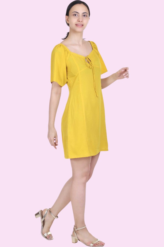 MUSTARD A LINE SWEETHEART NECK DRESS FOR WOMEN