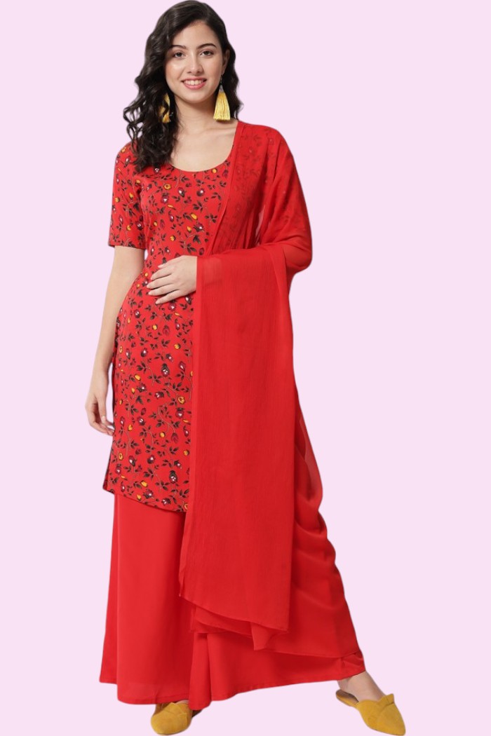 PRINTED RED A LINE DRESS FOR WOMEN