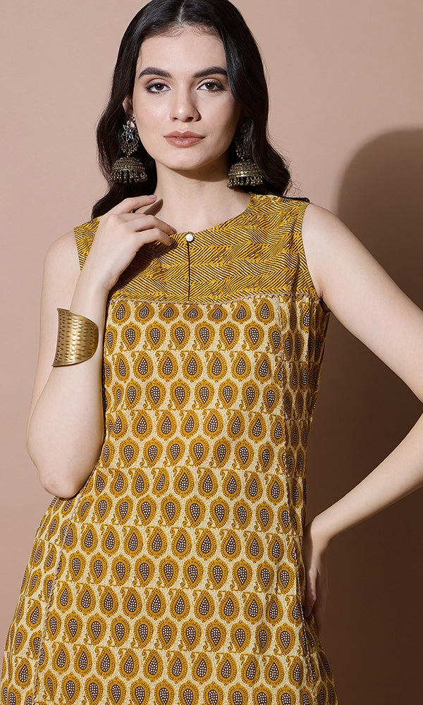 SLEEVELESS GOLDEN COTTON SUIT SET FOR WOMEN