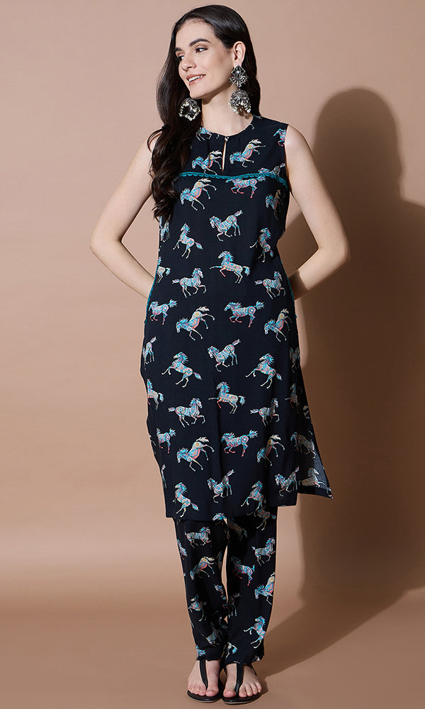 SLEEVELESS BLACK PRINTED COORD SET FOR WOMEN