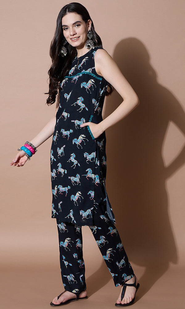 SLEEVELESS BLACK PRINTED COORD SET FOR WOMEN