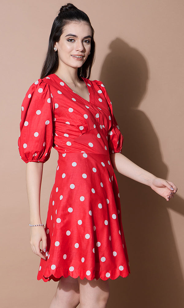 Red Polka Dots Short Dress for Women