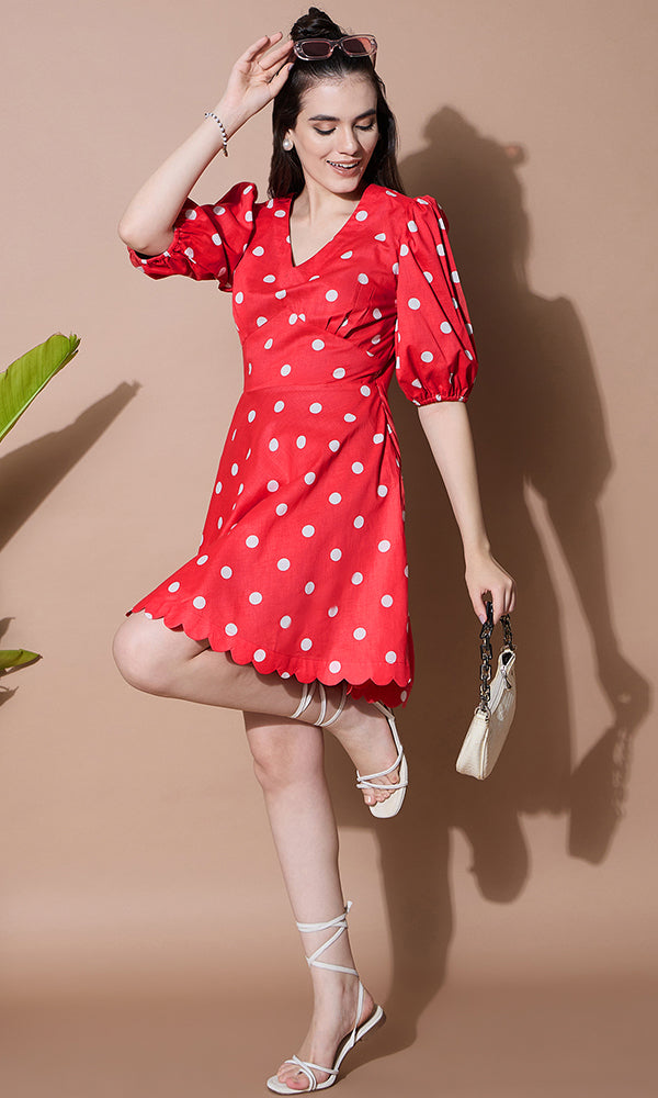 Red Polka Dots Short Dress for Women