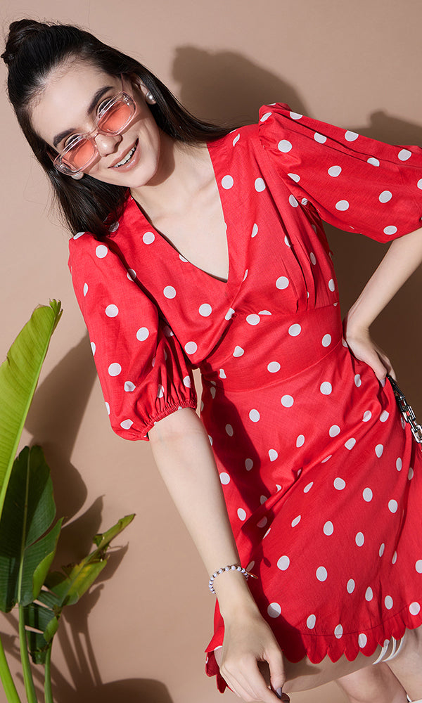 Red Polka Dots Short Dress for Women