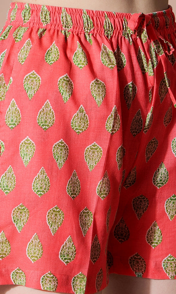 FLORAL PRINTED RED COTTON SHORT SET FOR WOMEN