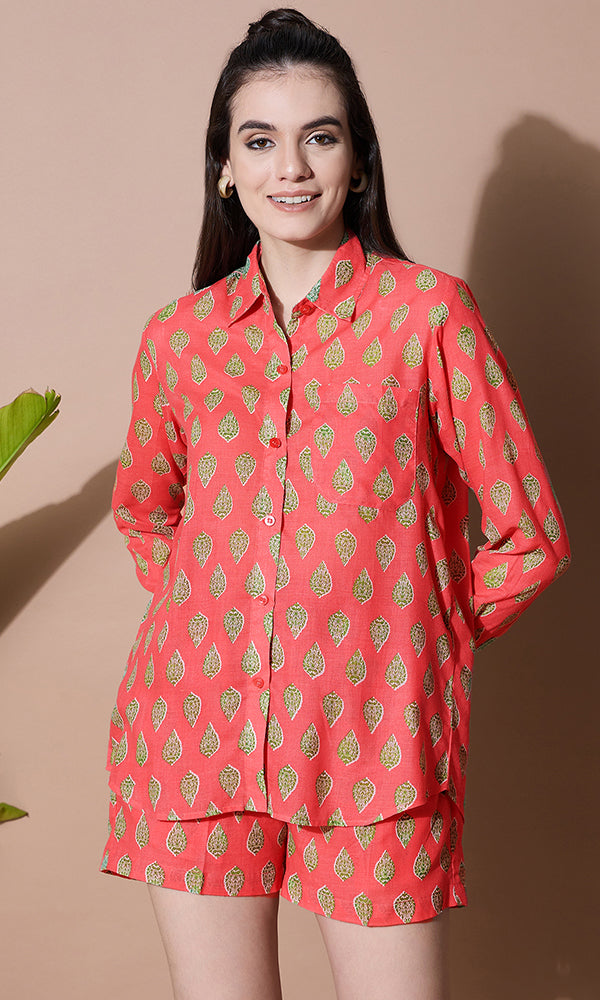 FLORAL PRINTED RED COTTON SHORT SET FOR WOMEN