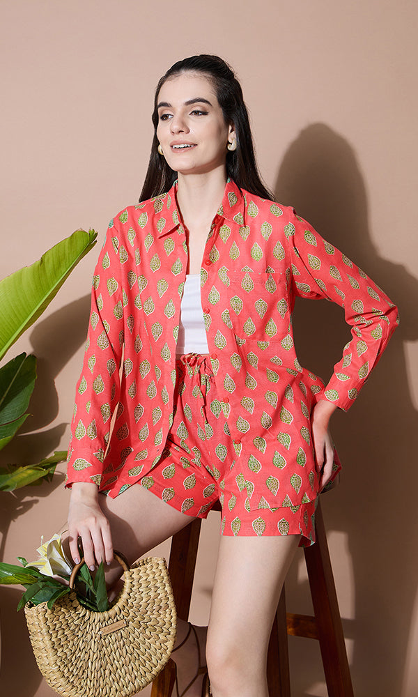 FLORAL PRINTED RED COTTON SHORT SET FOR WOMEN