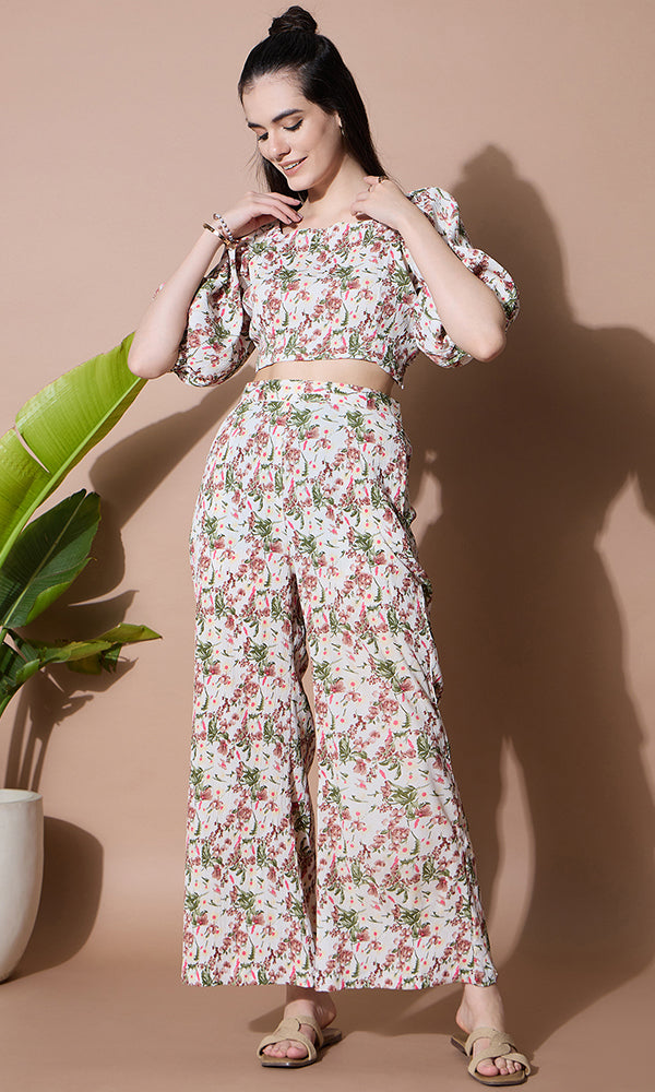 Floral Printed Crop Top with Palazzo Co-ord Set for Women