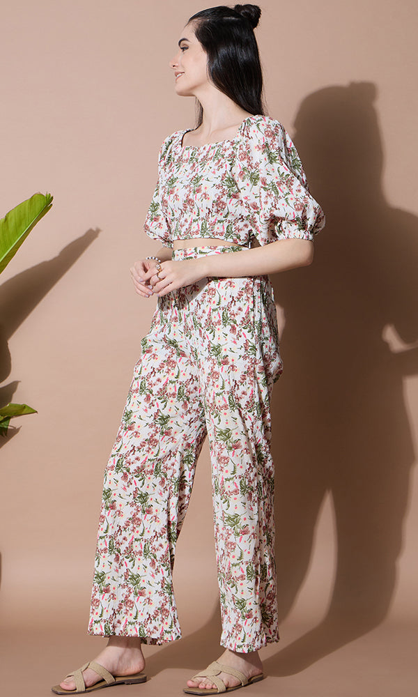 Floral Printed Crop Top with Palazzo Co-ord Set for Women