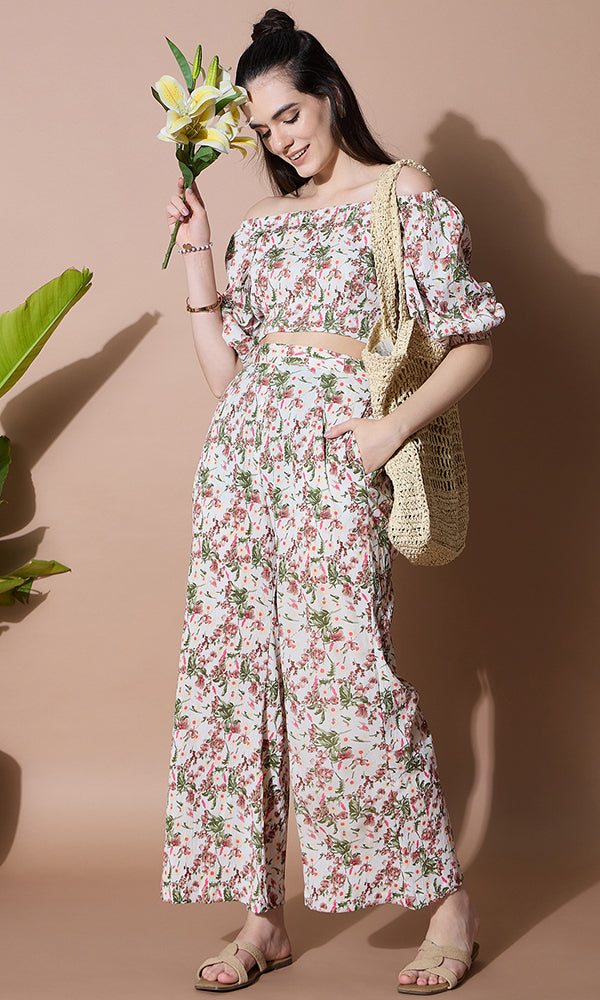 Floral Printed Crop Top with Palazzo Co-ord Set for Women