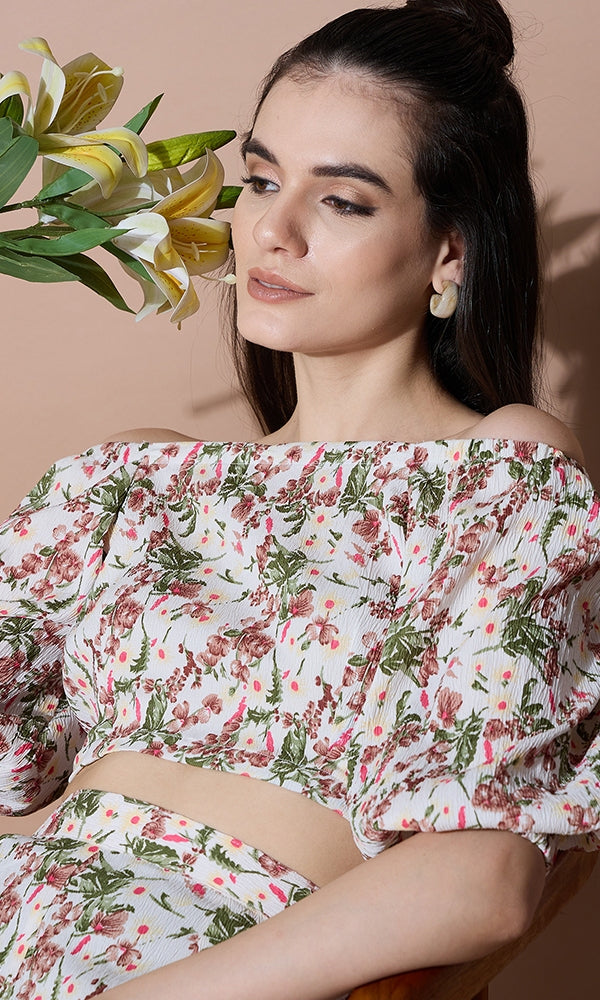 Floral Printed Crop Top with Palazzo Co-ord Set for Women