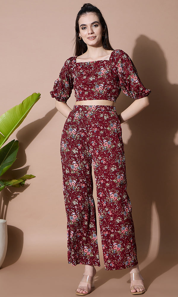 FLORAL PRINTED CROP TOP STYLE COORD SET FOR WOMEN