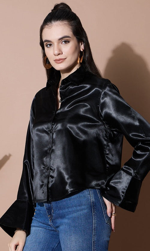 SOLID BLACK SATIN SHIRT FOR WOMEN