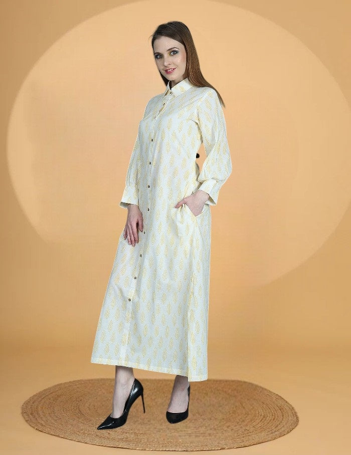 ALANI LEMON HANDBLOCK PRINTED SHIRT DRESS FOR WOMEN