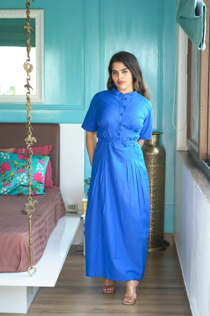 SOLID BLUE BELTED DRESS FOR WOMEN