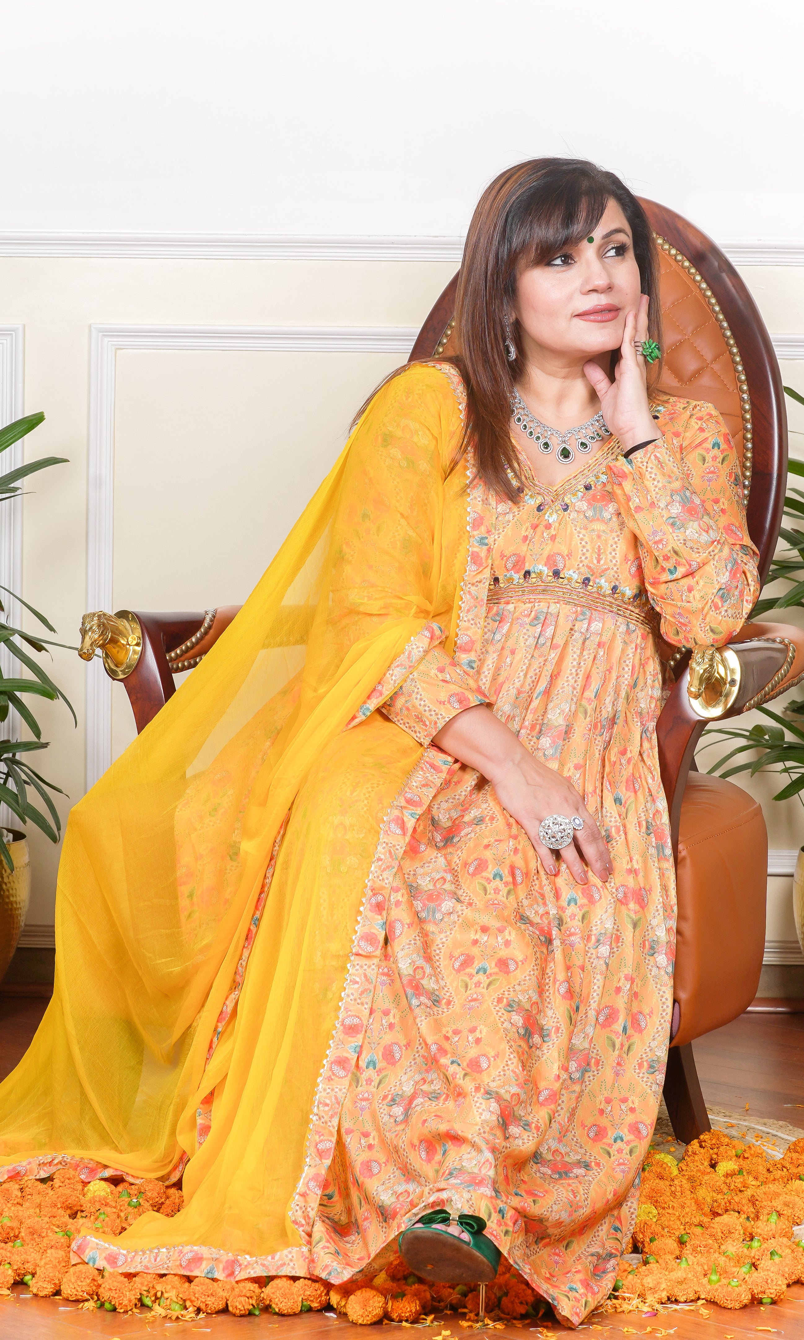 YELLOW FLORAL PRINTED MULTICOLOUR SEQUIN, THREAD AND CUTDANA EMBROIDERED NECKLINE FLARED KURTA WITH PANTS AND DUPATTA