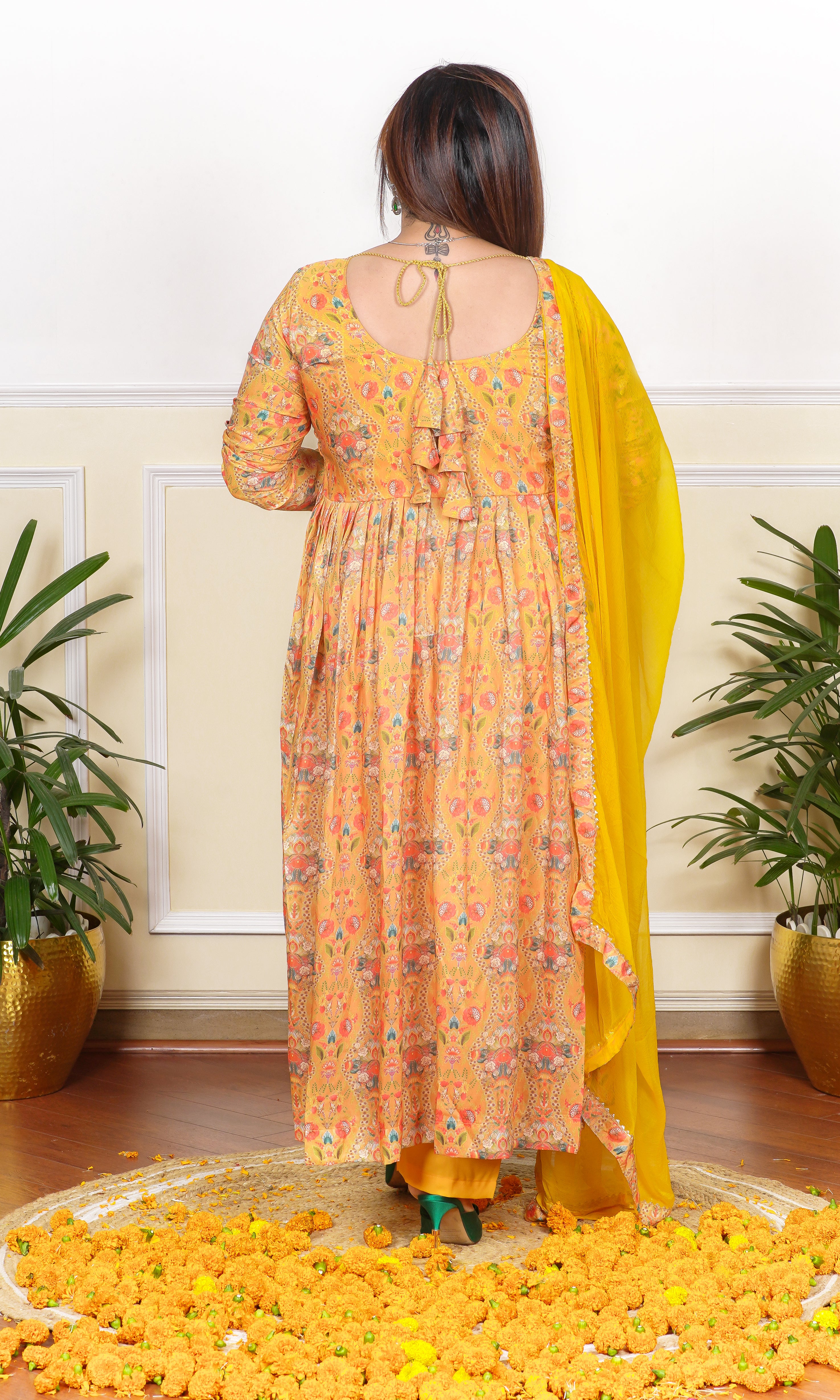 YELLOW FLORAL PRINTED MULTICOLOUR SEQUIN, THREAD AND CUTDANA EMBROIDERED NECKLINE FLARED KURTA WITH PANTS AND DUPATTA