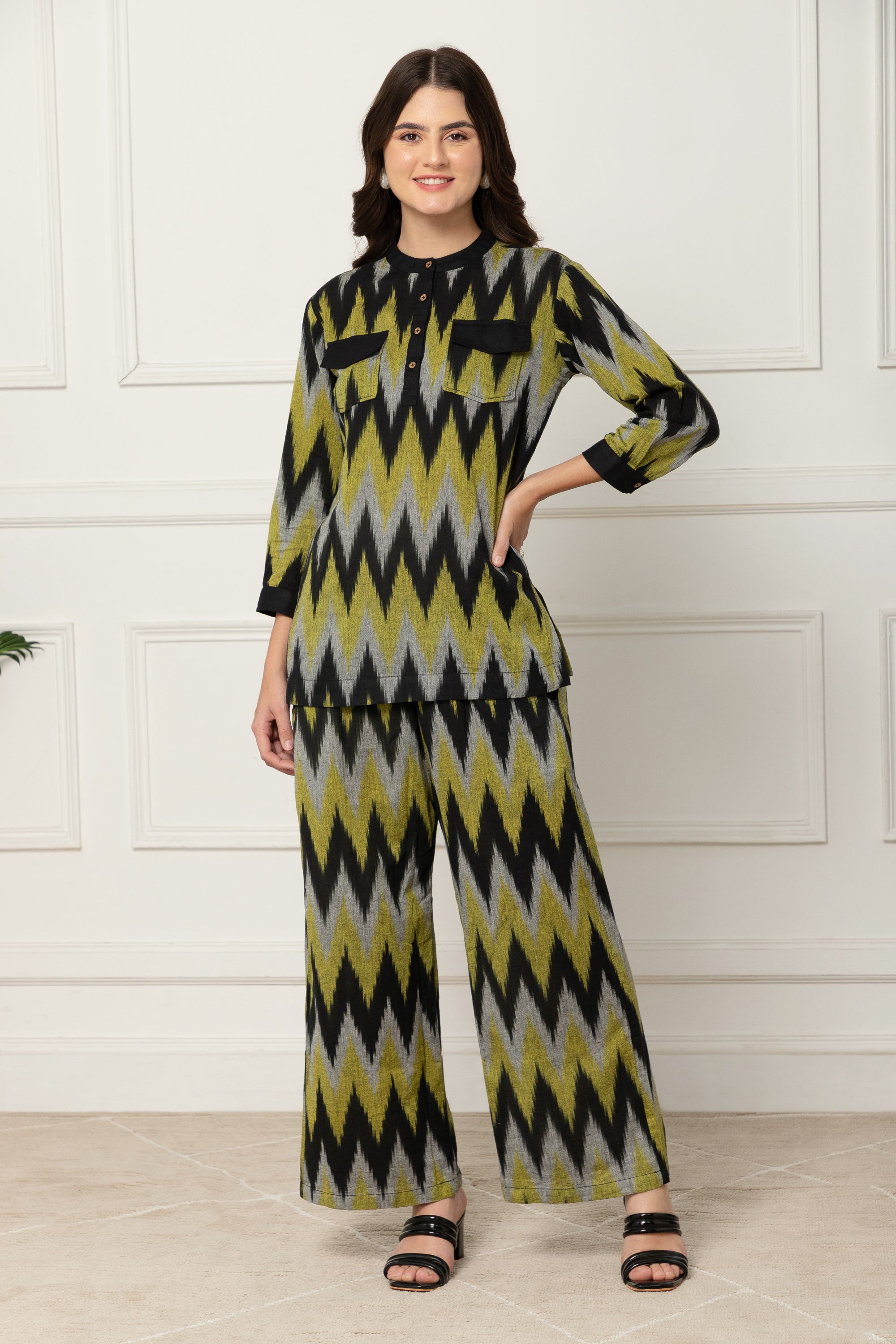 Green and Black Chevron Printed Coord Set For Women