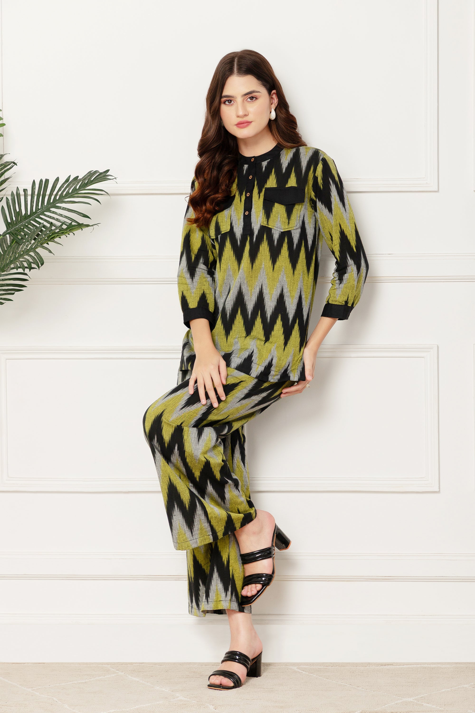 Green and Black Chevron Printed Coord Set For Women