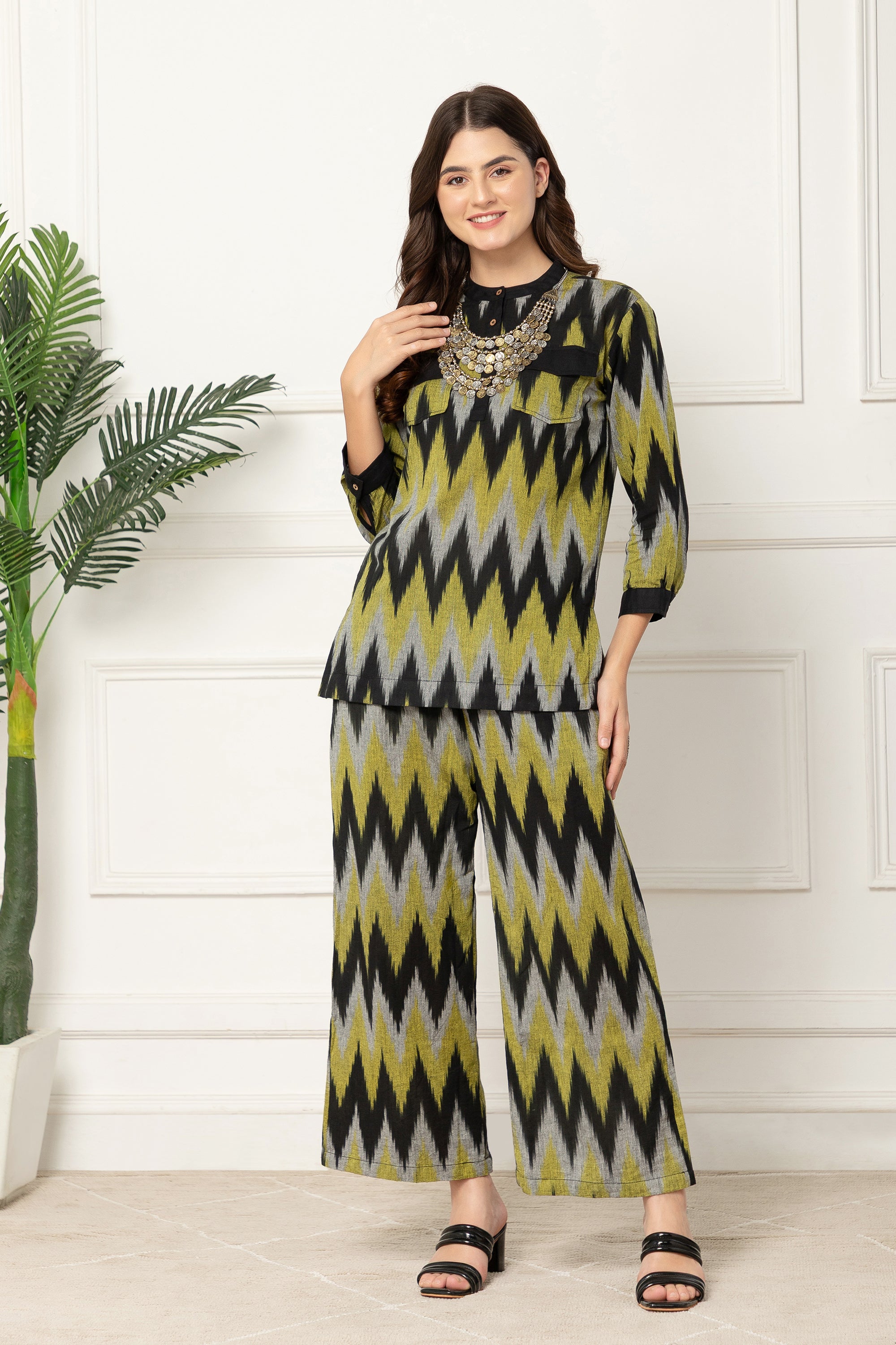 Green and Black Chevron Printed Coord Set For Women