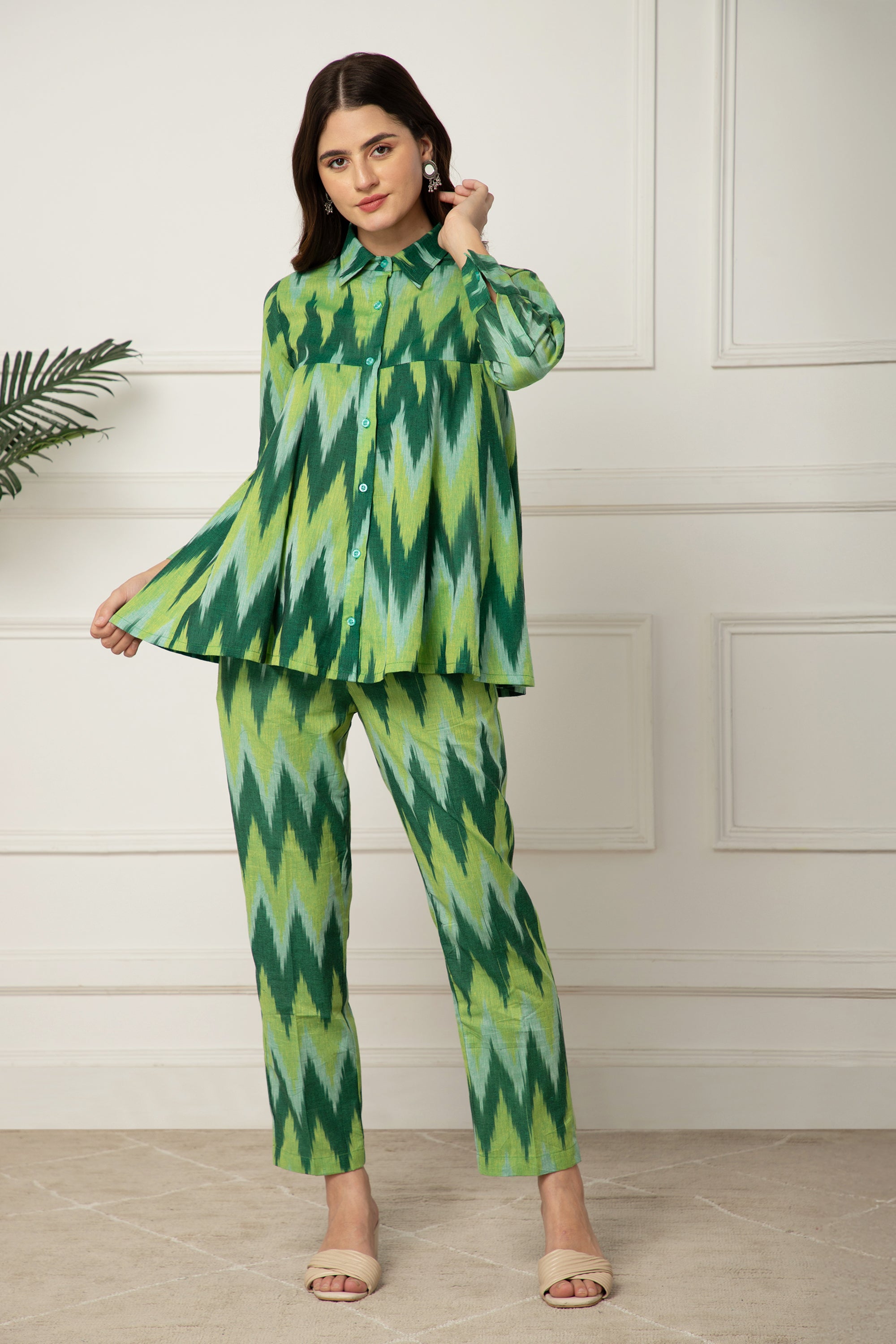 Multi Colour Green Chevron Printed Coord Set For Women