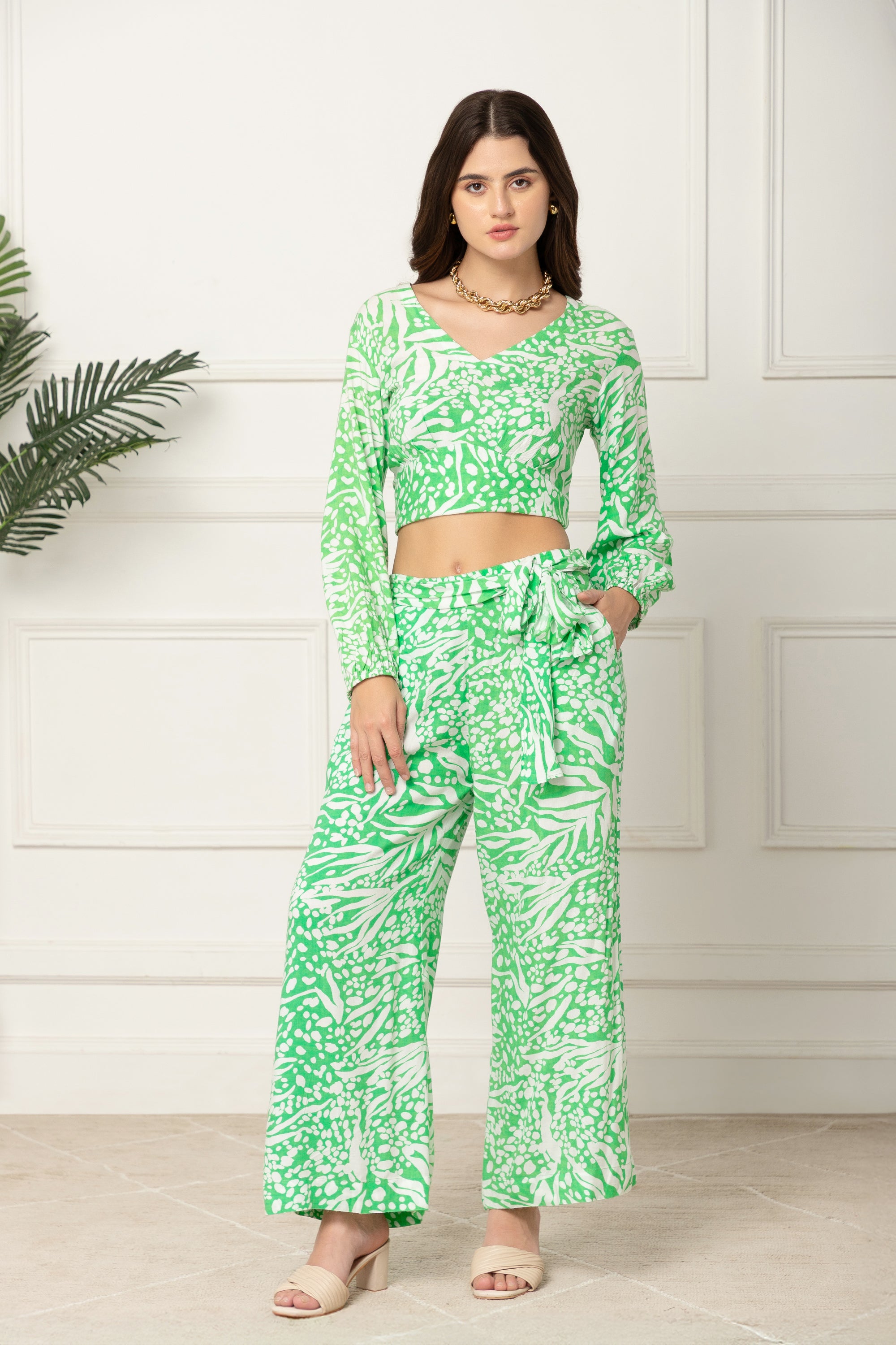 Green and White Printed Coord Set For Women