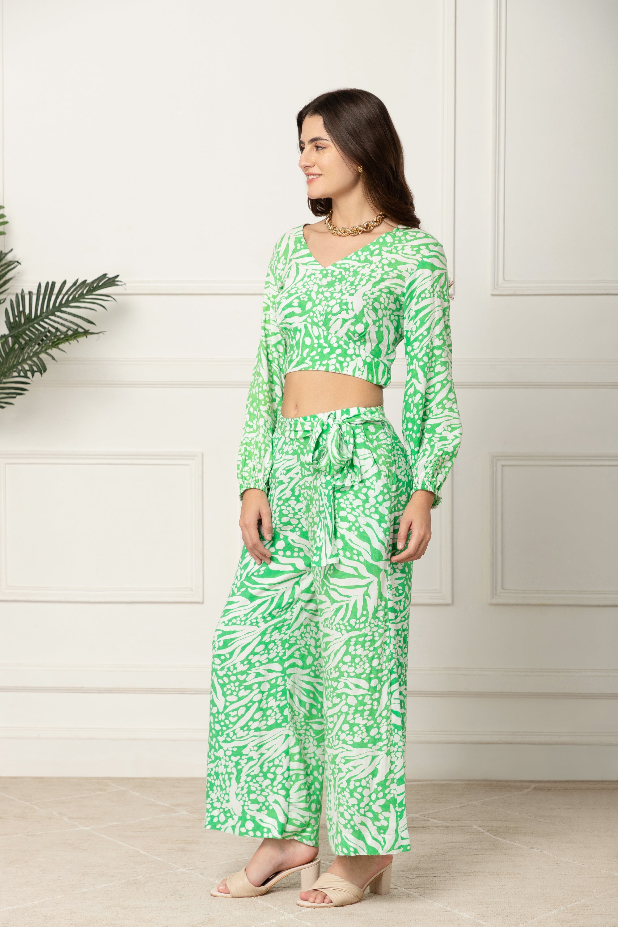 Green and White Printed Coord Set For Women