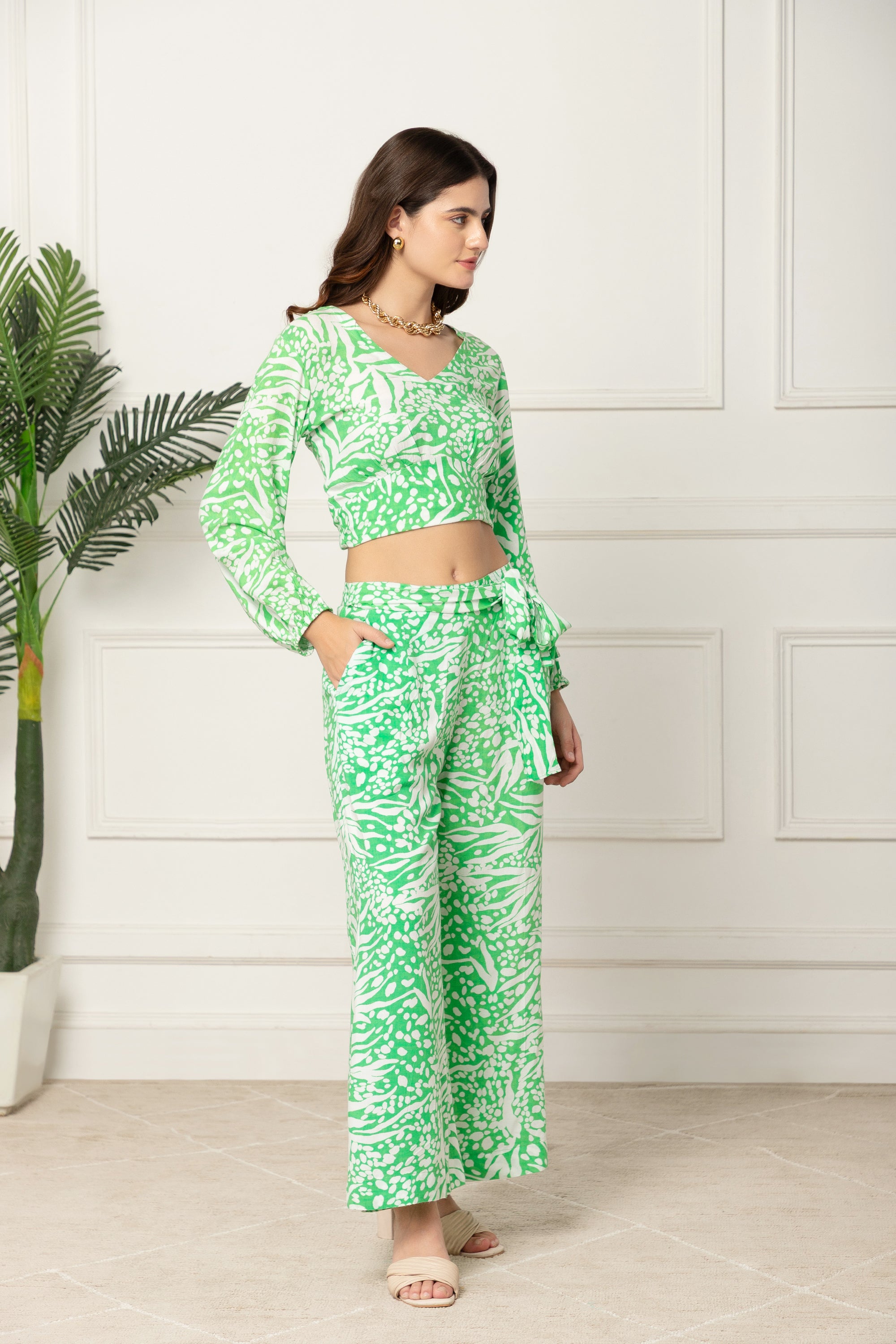 Green and White Printed Coord Set For Women