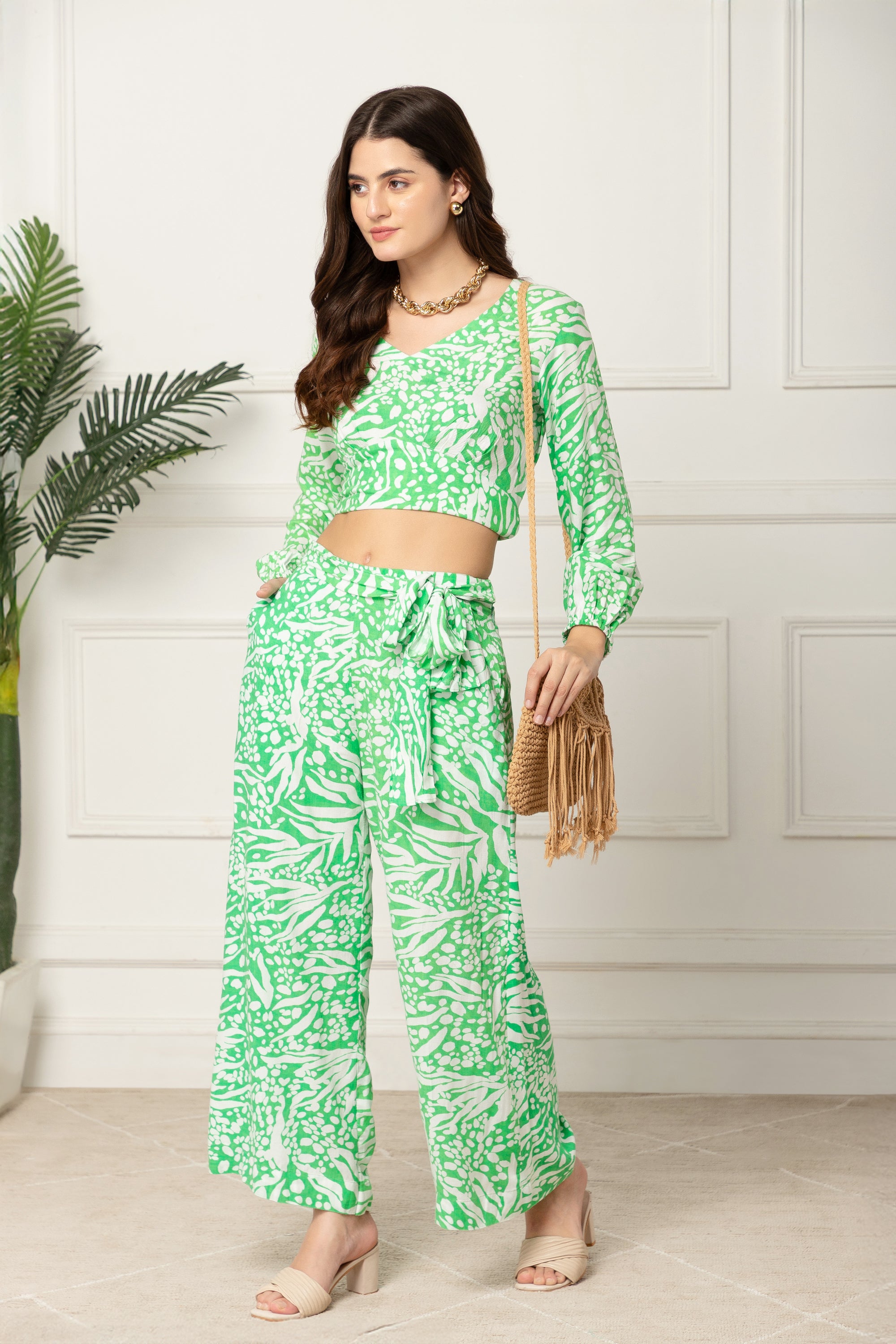 Green and White Printed Coord Set For Women