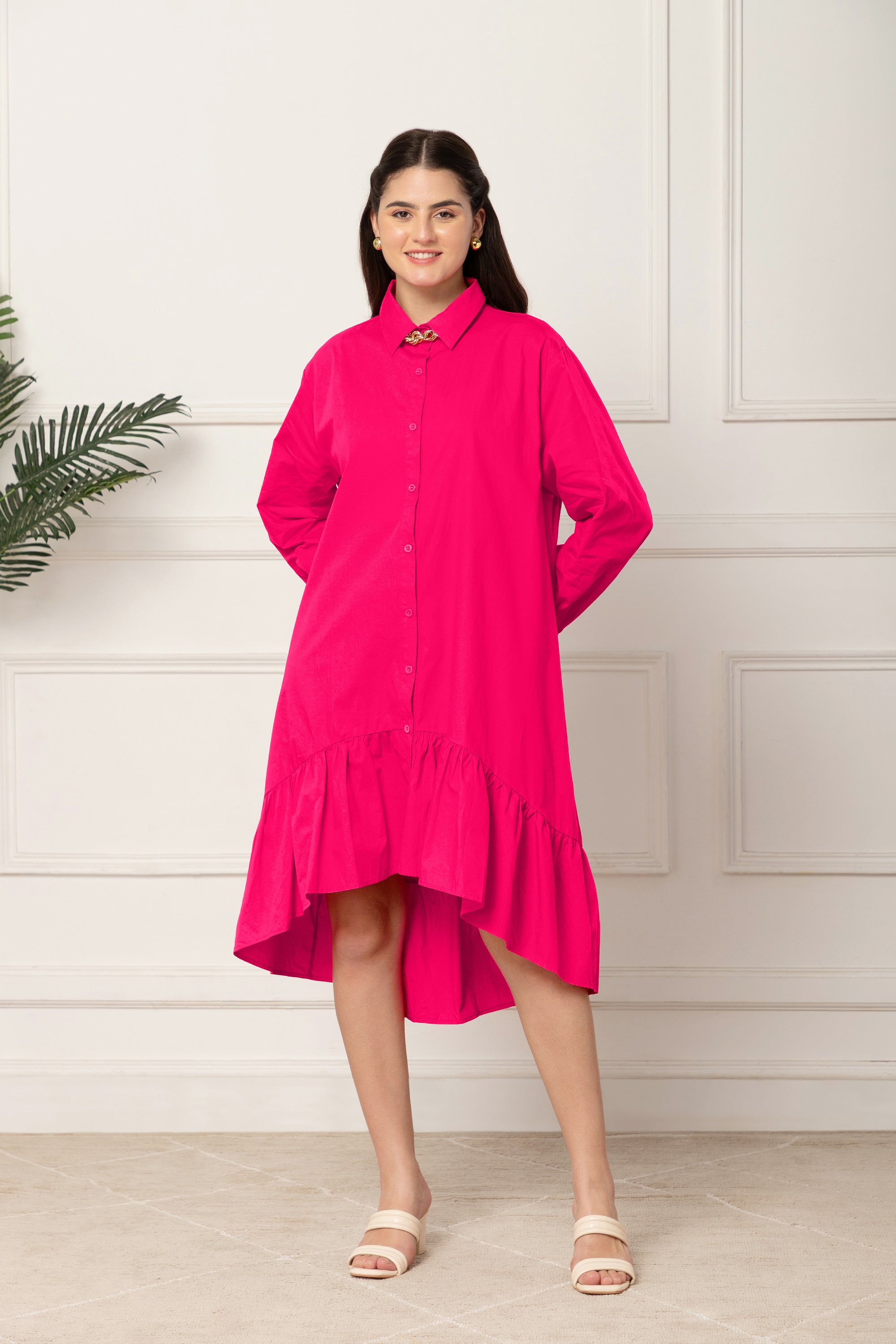 PINK FLARED COTTON LONG DRESS FOR WOMEN