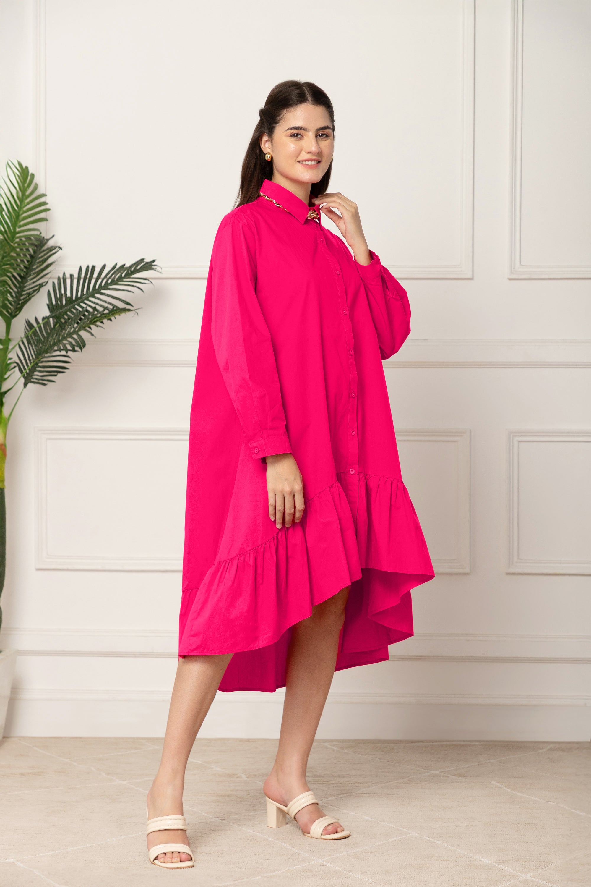 PINK FLARED COTTON LONG DRESS FOR WOMEN