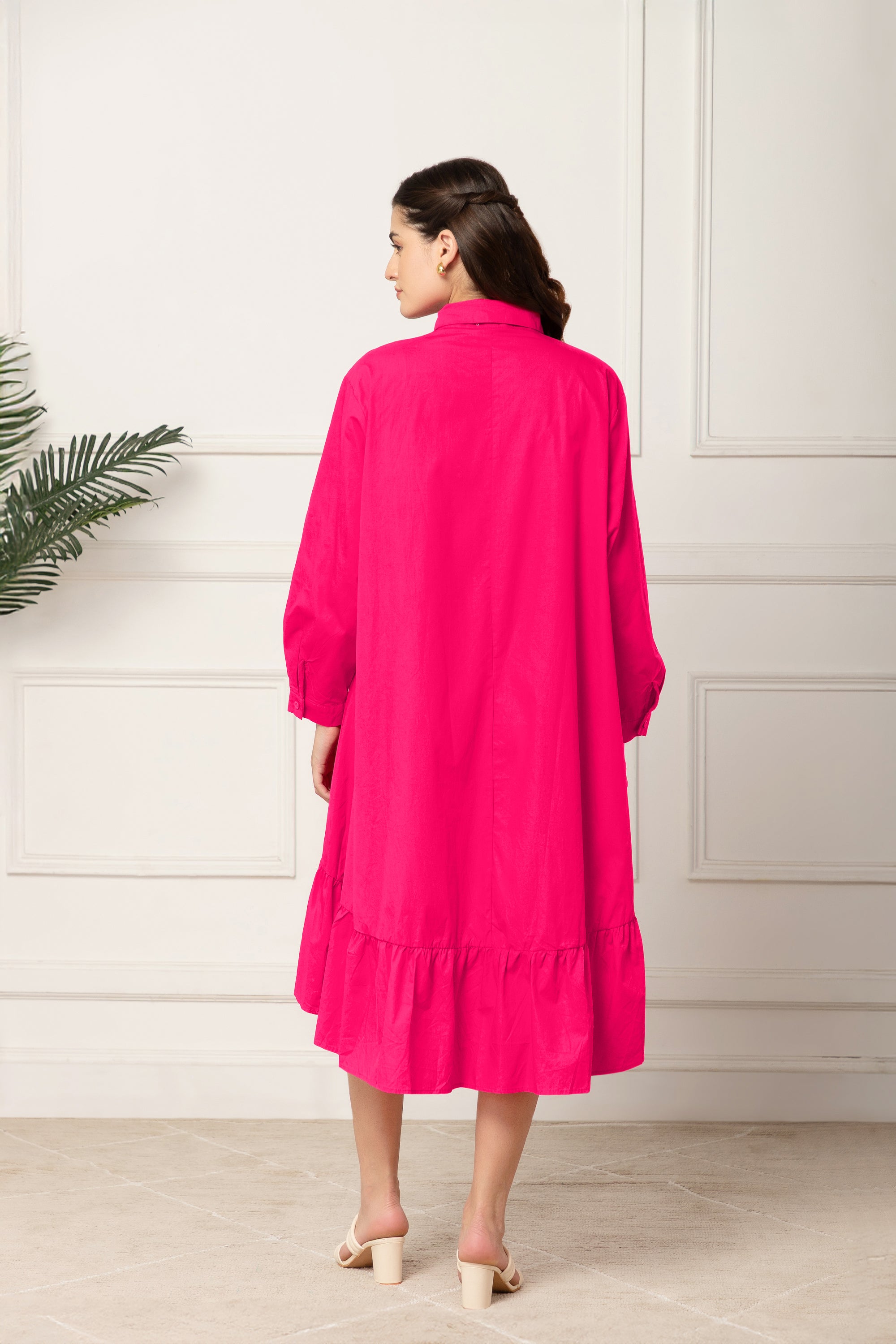 PINK FLARED COTTON LONG DRESS FOR WOMEN