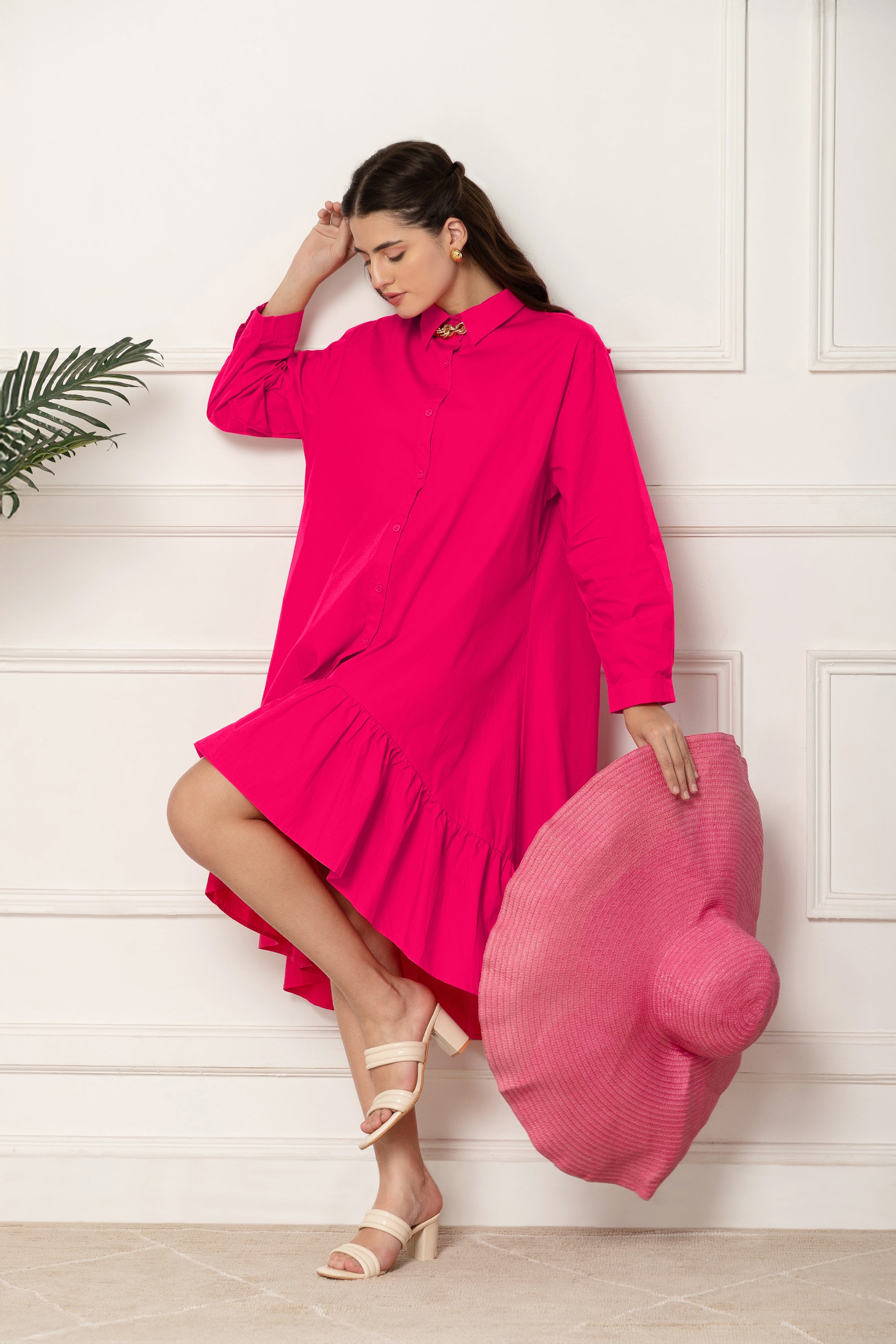 PINK FLARED COTTON LONG DRESS FOR WOMEN