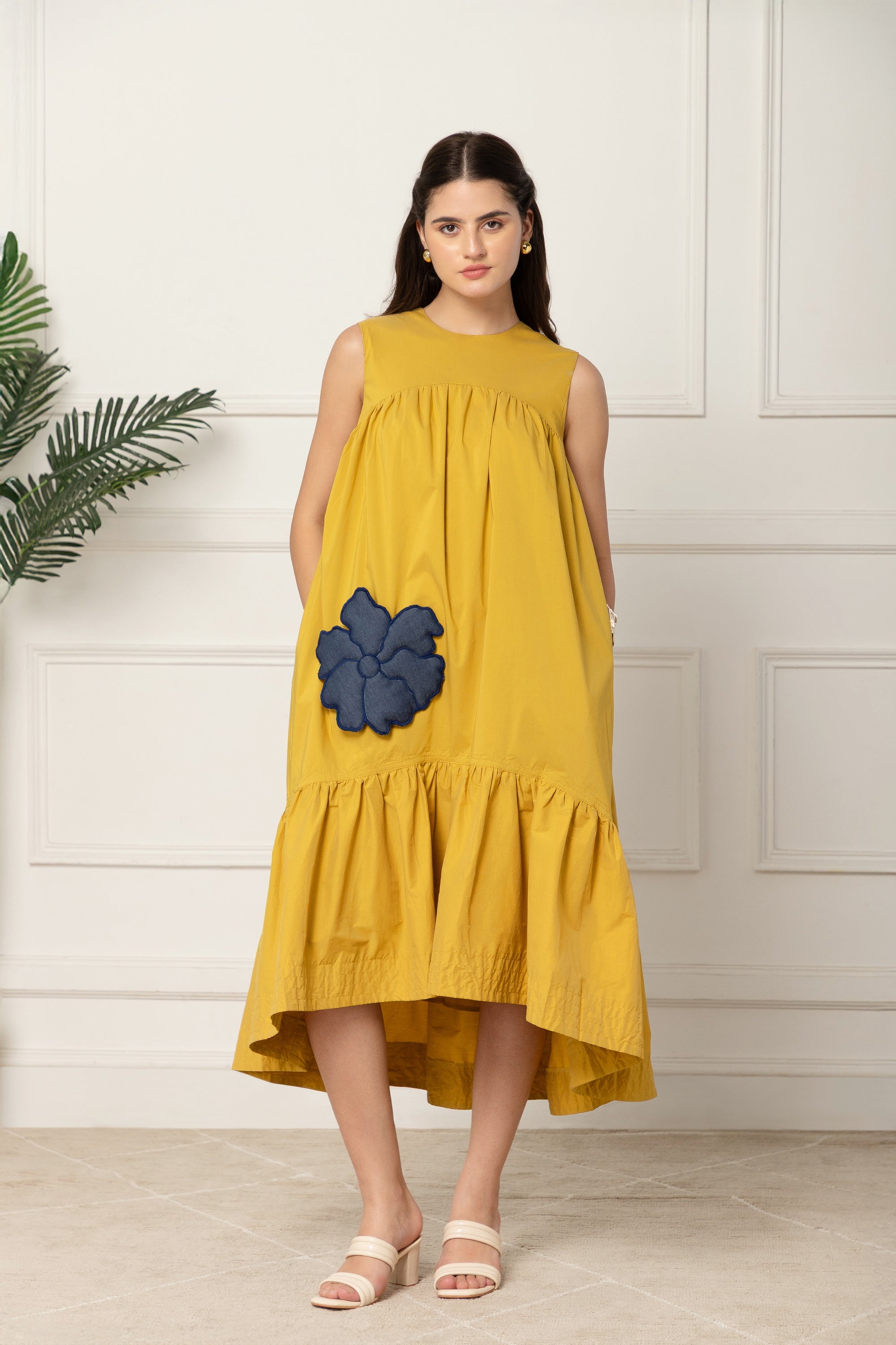 YELLOW FLARED COTTON LONG DRESS FOR WOMEN