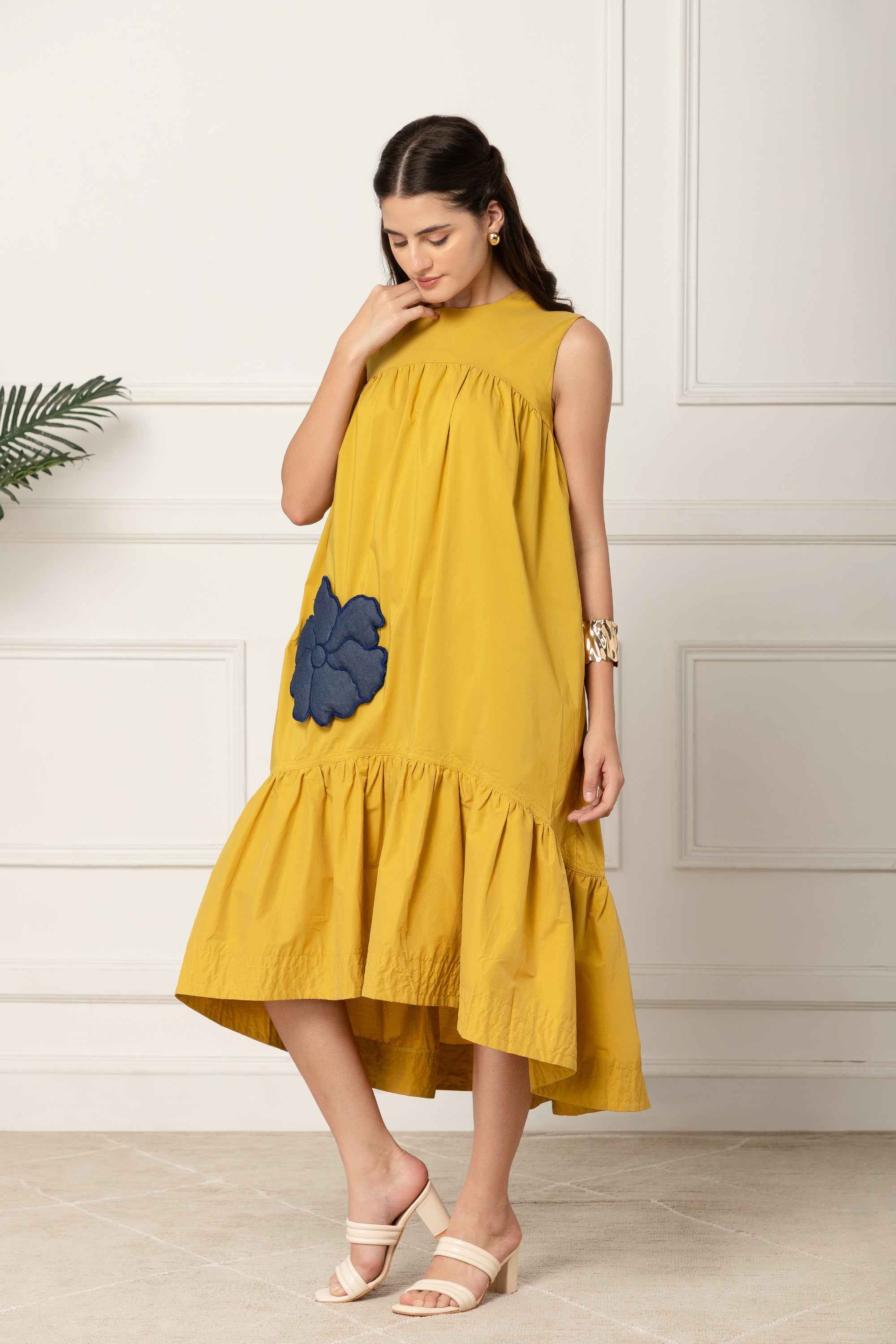 YELLOW FLARED COTTON LONG DRESS FOR WOMEN