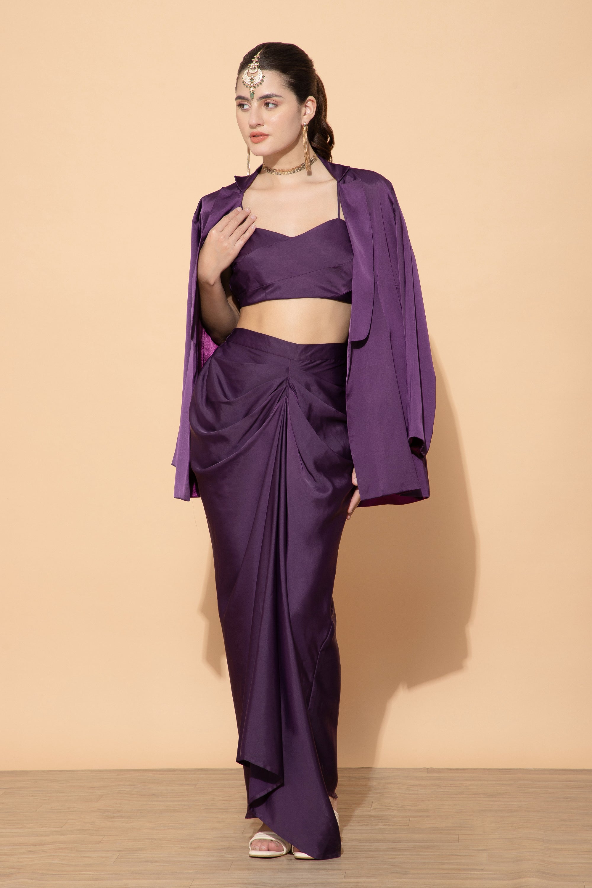 Royal Amethyst Blazer With Top & Skirt Coord For Women