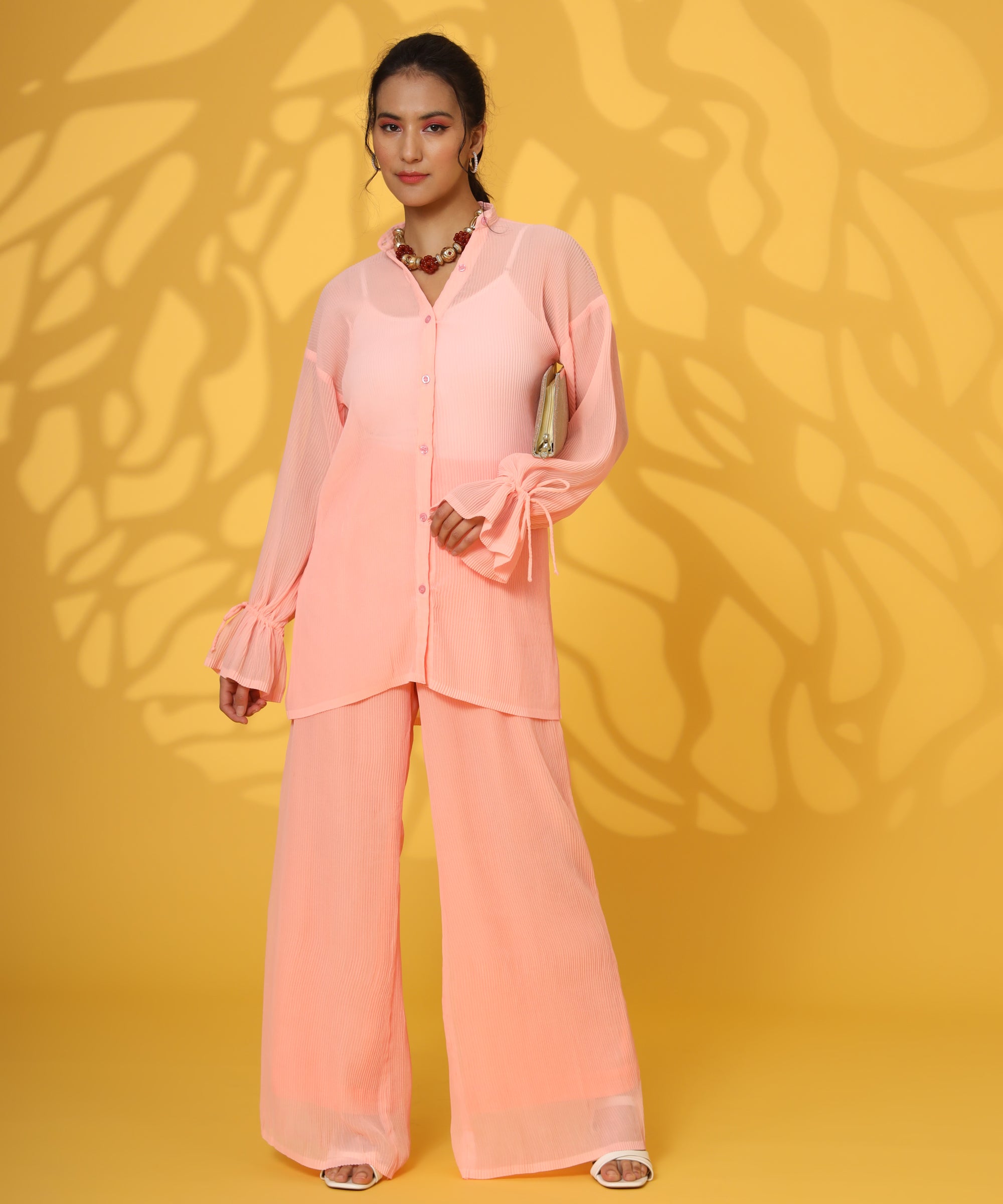 PINK PLEATED COORD SET FOR WOMEN