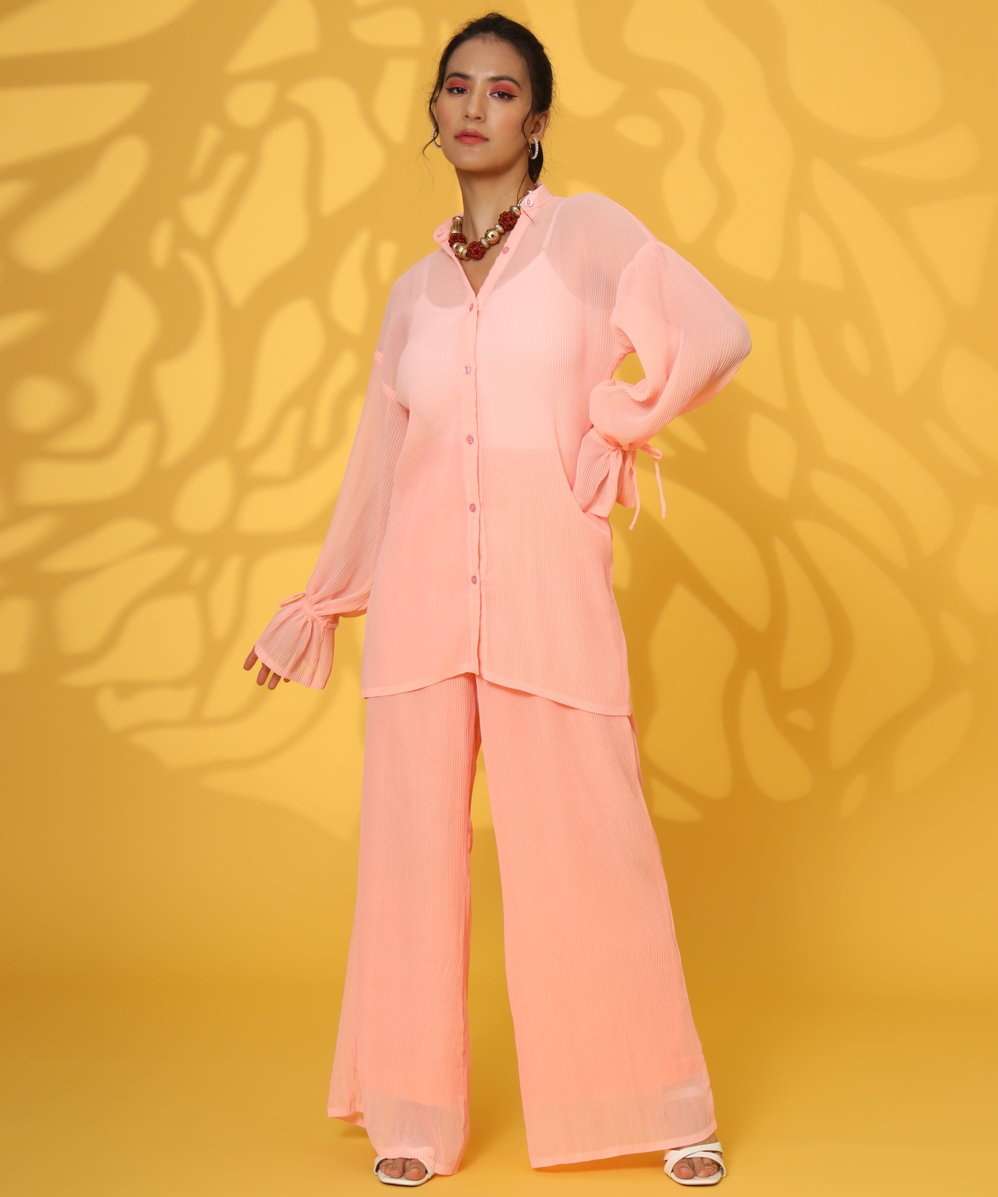 PINK PLEATED COORD SET FOR WOMEN