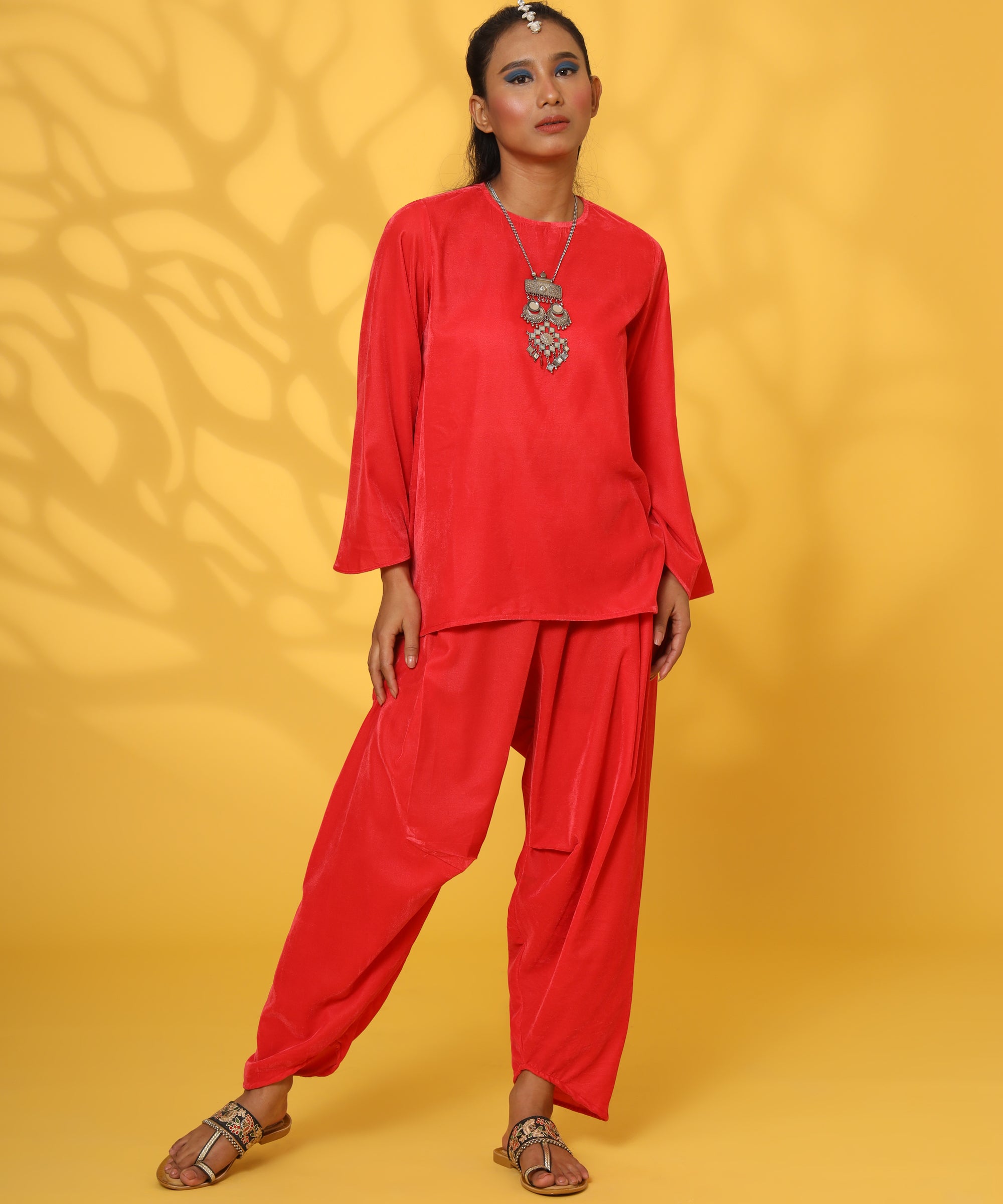 RED VELVET DHOTI COORD-SET FOR WOMEN