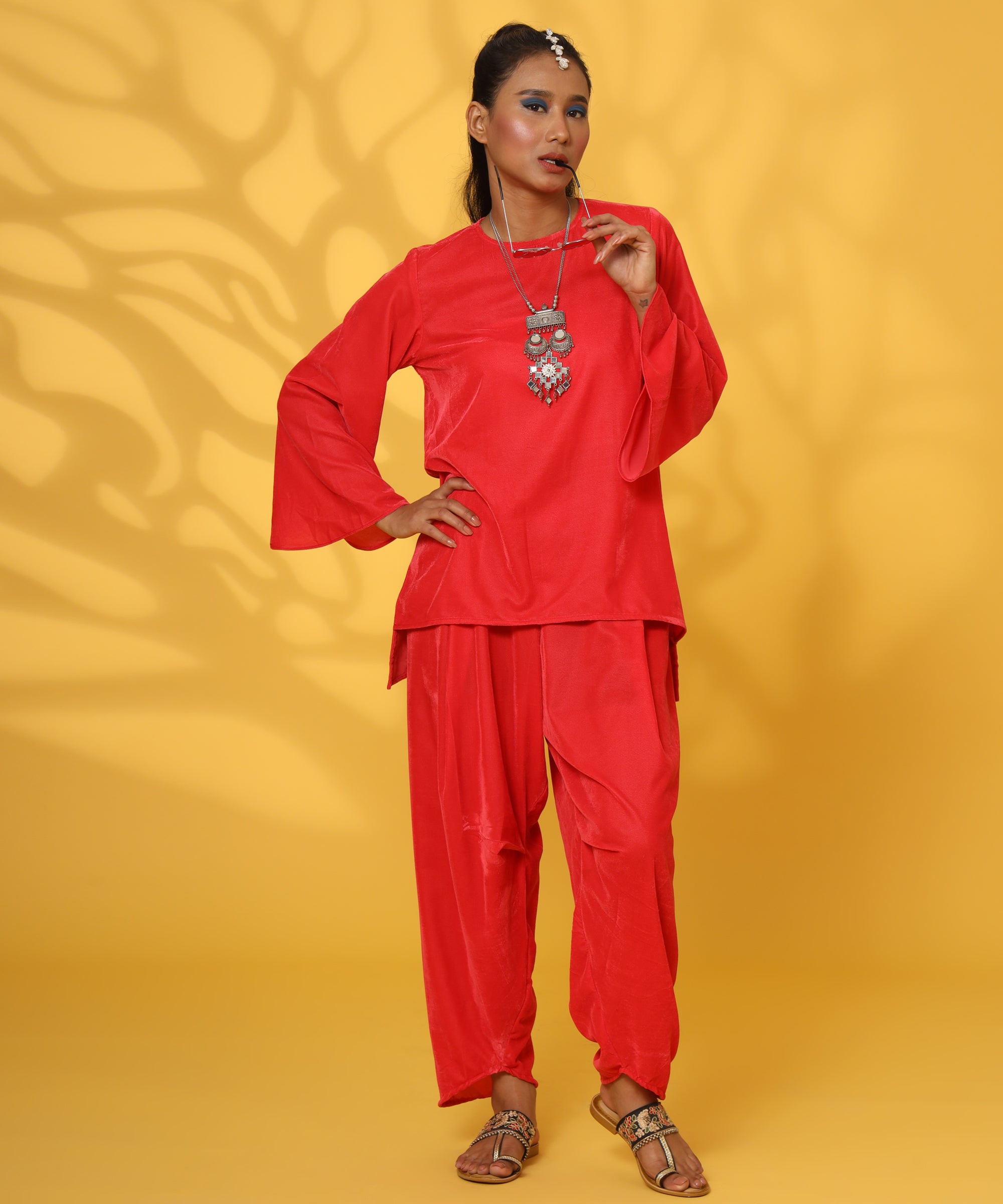 RED VELVET DHOTI COORD-SET FOR WOMEN