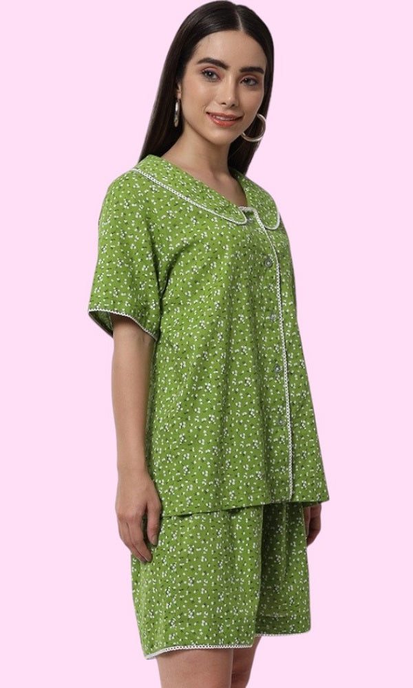 PRINTED GREEN HALF SLEEVES NIGHT SUIT FOR WOMEN