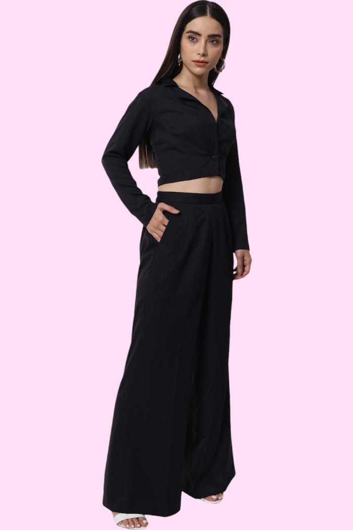 Jet Black Crepe Co-Ord Set with V-Neckline for Women