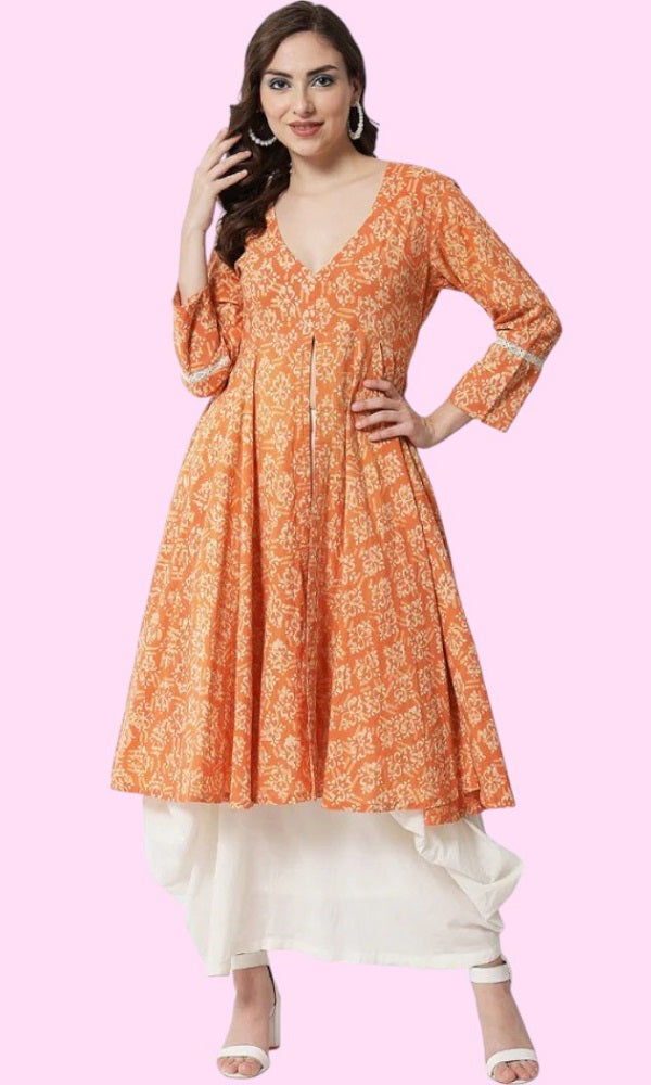 PRINTED ORANGE LACY KURTA SET FOR WOMEN