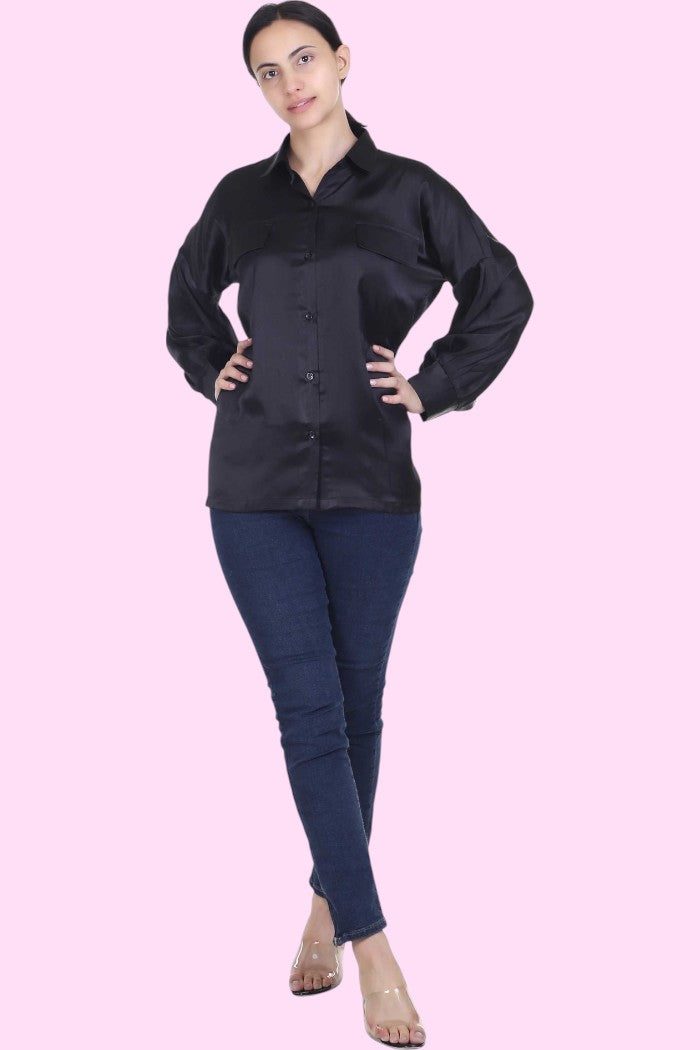 SOLID BLACK SATIN SHIRT FOR WOMEN