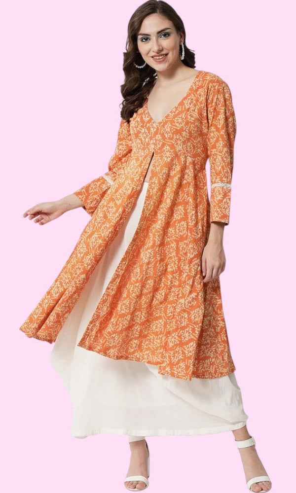 PRINTED ORANGE LACY KURTA SET FOR WOMEN