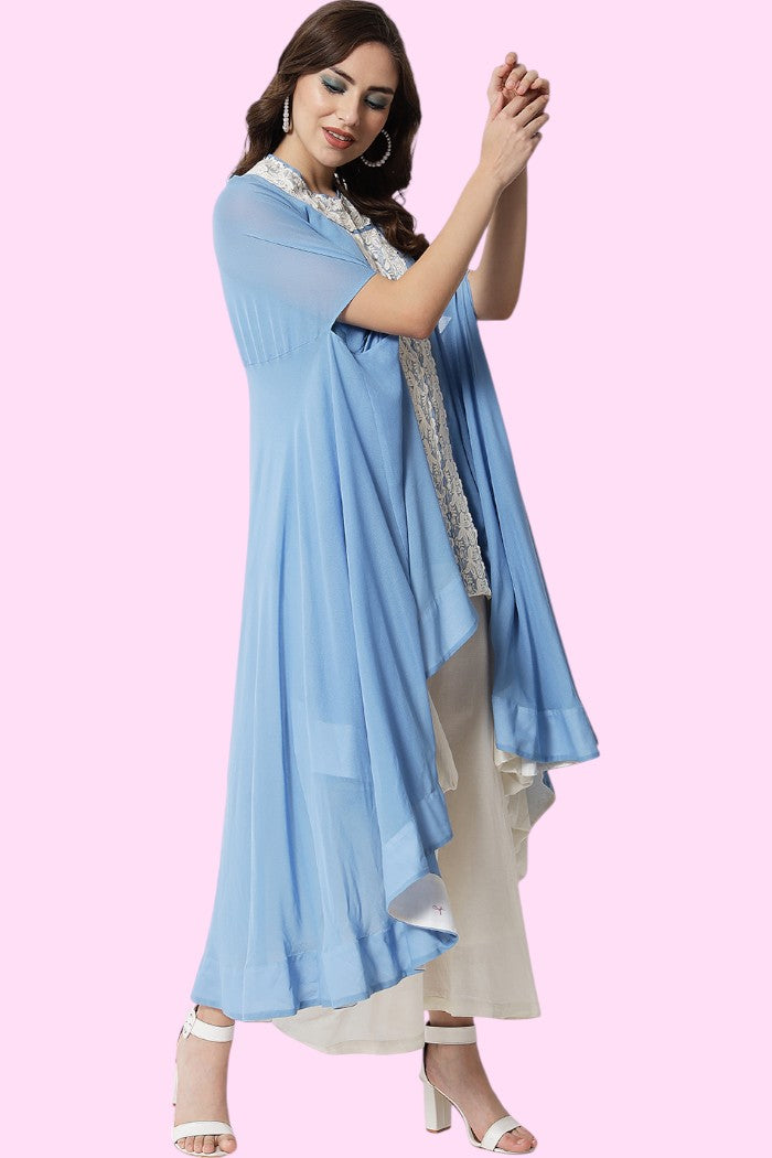 JAHANARA SOFT BLUE LACY ANTIFIT KURTA WITH DHOTI