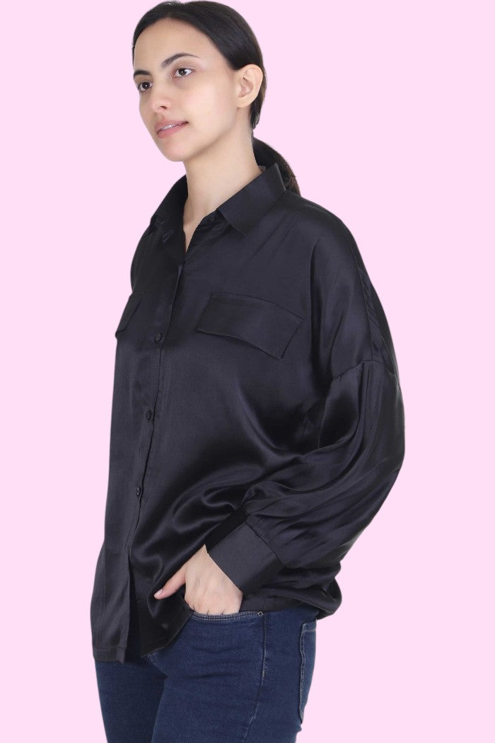 SOLID BLACK SATIN SHIRT FOR WOMEN