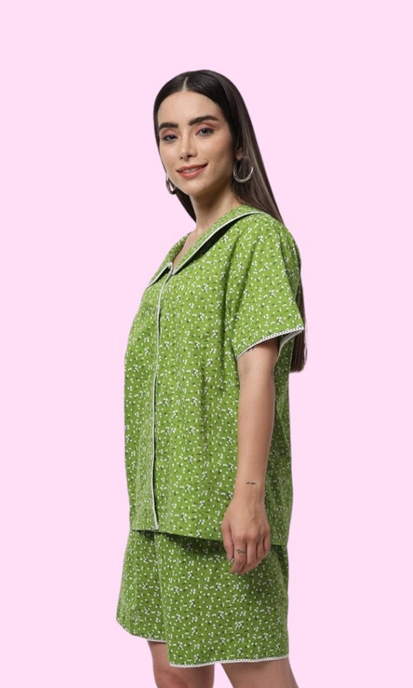 PRINTED GREEN HALF SLEEVES NIGHT SUIT FOR WOMEN